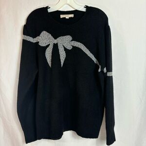 LOFT  Sweater Christmas Womens XL Black Silver Metallic Bow Holiday Party Chic